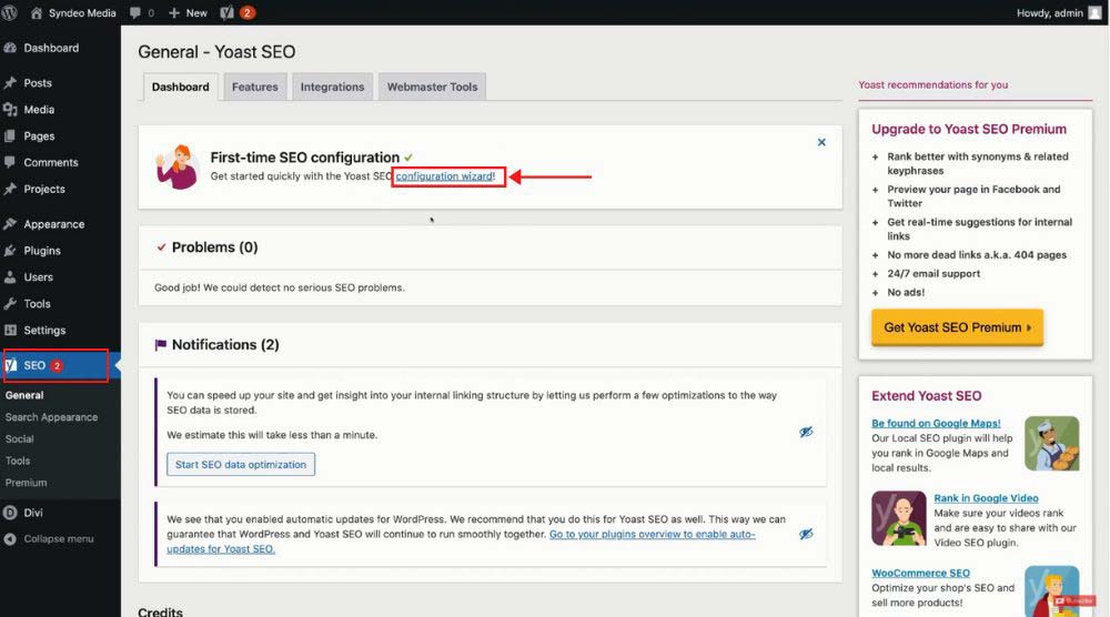 start the settings wizard - 0 تا 100 آموزش افزونه Yoast SEO