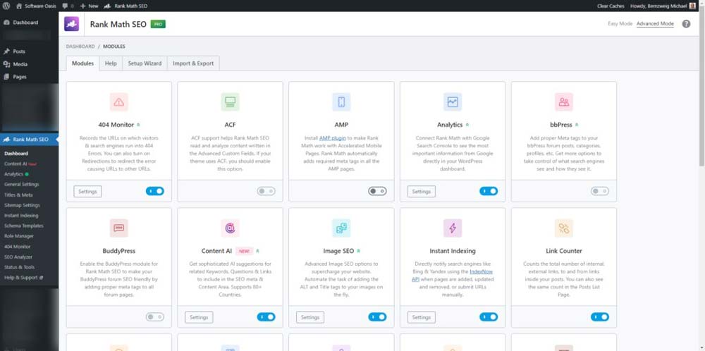 Screenshot of the Rank Math Dashboard Modules section in the WordPress dashboard | ماجرا | Majara