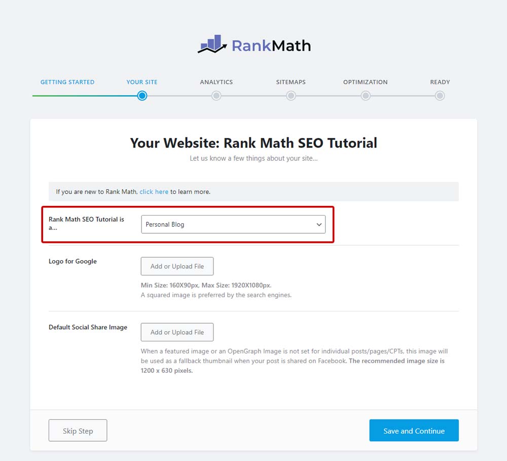 rank math seo plugin wizard step 1 | ماجرا | Majara